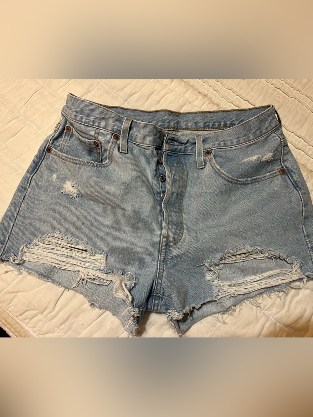 Levi's Light Blue Distressed Button-Fly Denim Shorts